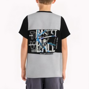 Boys' Black Cartoon Print Cotton Short Sleeve T Shirt
