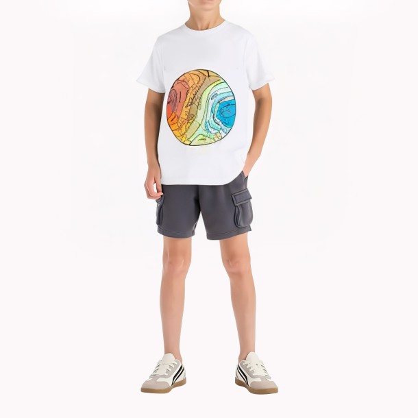 Boys' White Cartoon Print Cotton Short Sleeved T Shirt