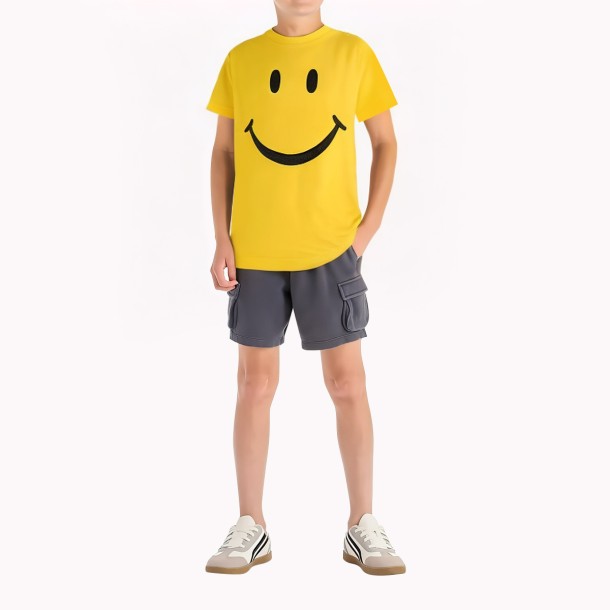 Boys' Pure Cotton Smiley Expression Short Sleeve Top