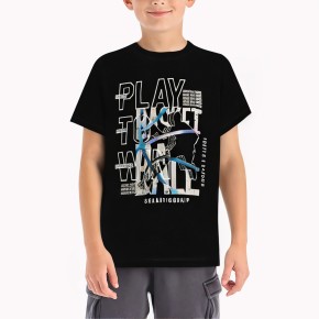 Boys' Black Cartoon Print Cotton Short Sleeve T Shirt