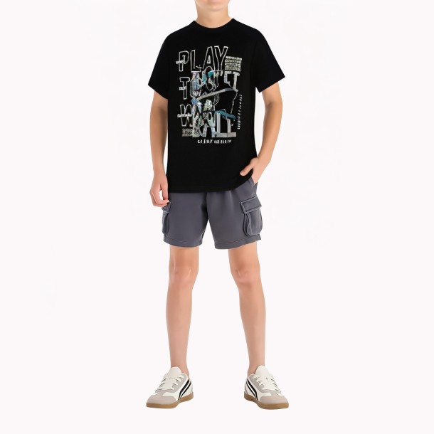 Boys' Black Cartoon Print Cotton Short Sleeve T Shirt